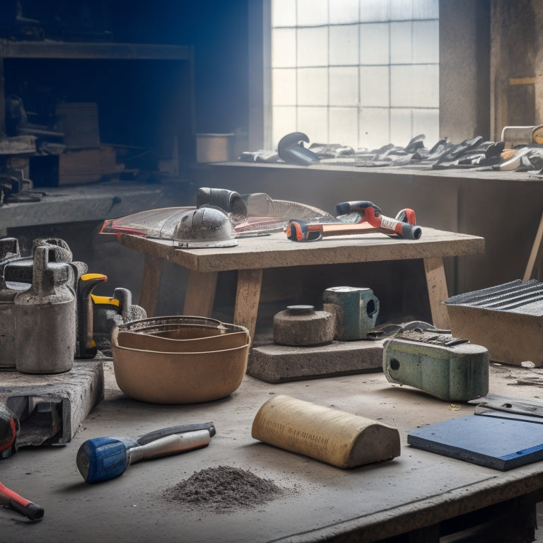 A cluttered workshop table with various concrete cutting tools, including a circular saw, angle grinder, and demolition hammer, surrounded by concrete dust and debris, with a partially cut concrete slab in the background.