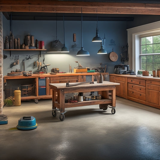 A well-lit, clutter-free workshop with a polished concrete floor, featuring a selection of 10 tools arranged on a wooden workbench, including a grinder, polisher, and edger, with a faint reflection of the tools on the floor.