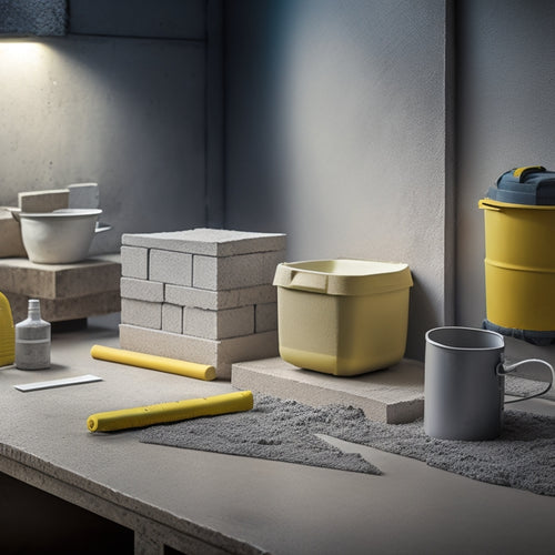 An image depicting a concrete block laying workstation: a level, trowel, jointer, and spirit level lying on a mixing bucket, surrounded by concrete blocks and a partially built wall in the background.