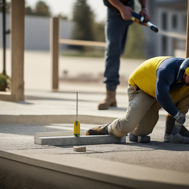 A photo of a construction worker kneeling on a freshly poured concrete patio, holding a leveling tool and spirit level, with a slight sheen on the surface and a blurred background of a modern house.