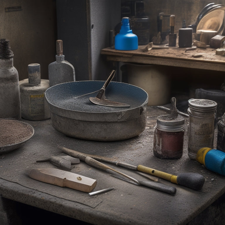 A cluttered workbench with various epoxy concrete repair tools scattered around, including a rusty trowel, a worn-out mixing stick, and a half-empty epoxy cartridge, with a cracked concrete slab in the background.