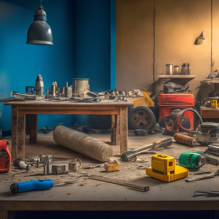 A cluttered workshop table with various tools scattered around a cracked concrete block, including a jackhammer, demolition hammer, reciprocating saw, and a pry bar, with concrete dust and debris surrounding.