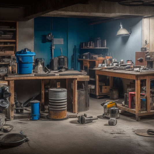 A cluttered workshop with a variety of concrete floor grinding tools and equipment, including a walk-behind grinder, handheld grinder, dust extractor, and diamond abrasives in the foreground.