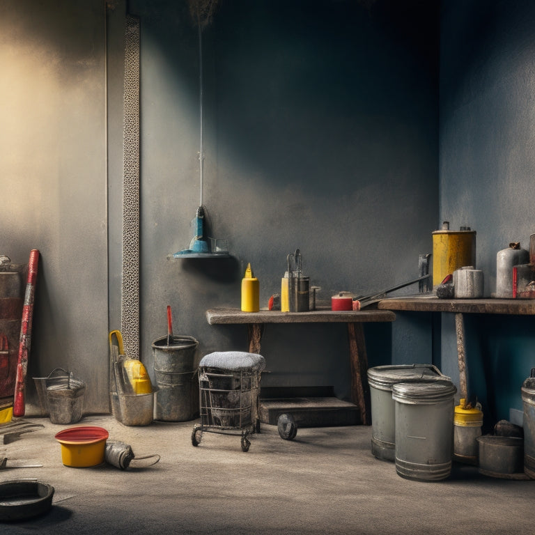 A concrete wall with various sealing tools and materials scattered around, including a sprayer, roller, brushes, and buckets, with a faint outline of a cityscape in the background.