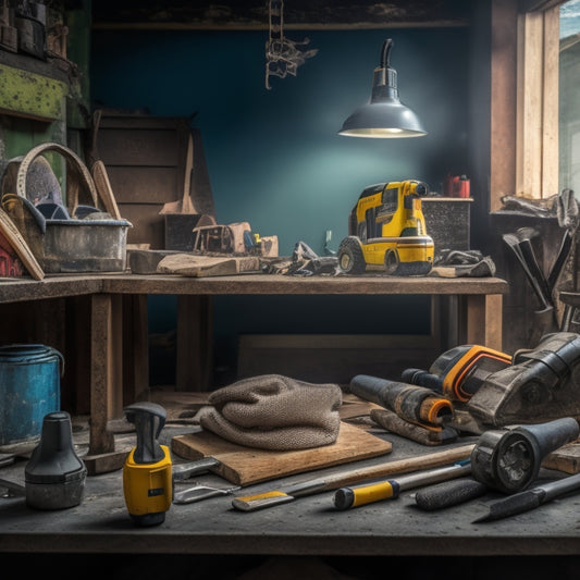 A cluttered workbench with a concrete block centered, surrounded by various tools including a demolition hammer, chisel set, safety goggles, work gloves, and a pry bar, with a blurred background of a construction site.