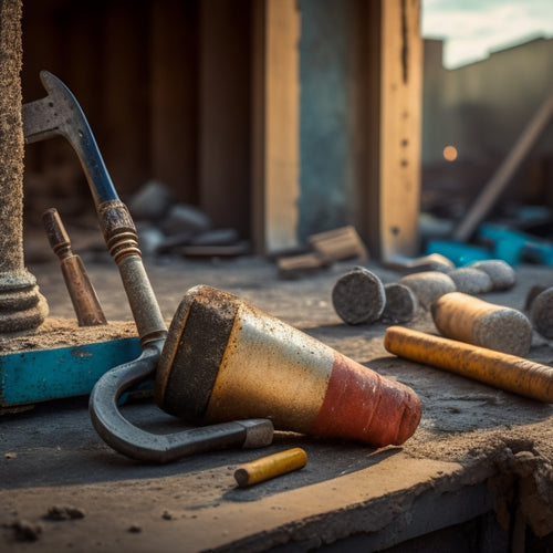 A worn, rusty demolition hammer leans against a cracked concrete slab, surrounded by scattered chisels, pry bars, and a vintage sledgehammer, with a blurred, out-of-focus construction site background.