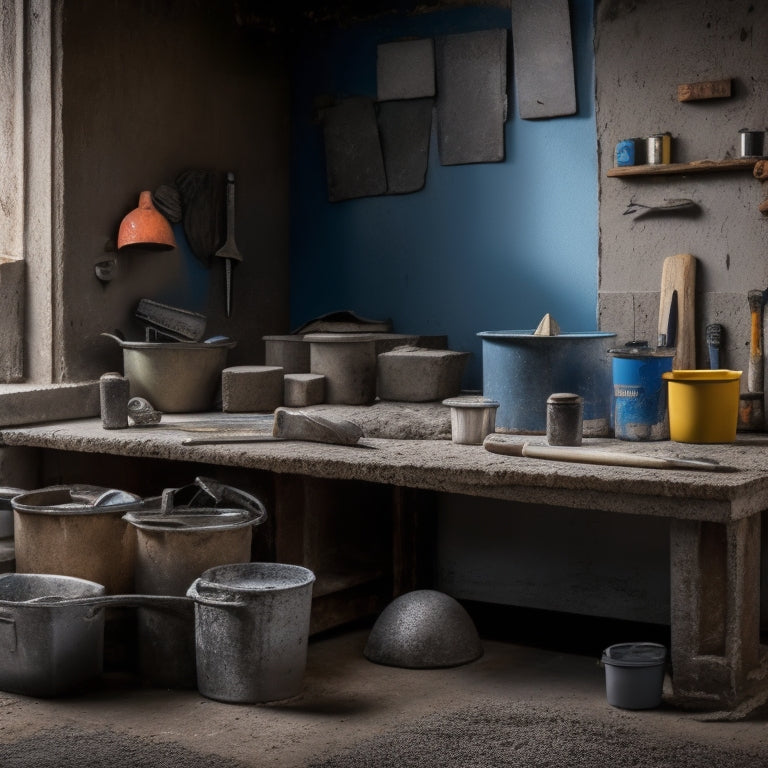 A cluttered workbench with various concrete masonry coating tools, including a bucket of mixed coating, a trowel, a level, a putty knife, and a wire brush, surrounded by concrete blocks and a partially coated wall.