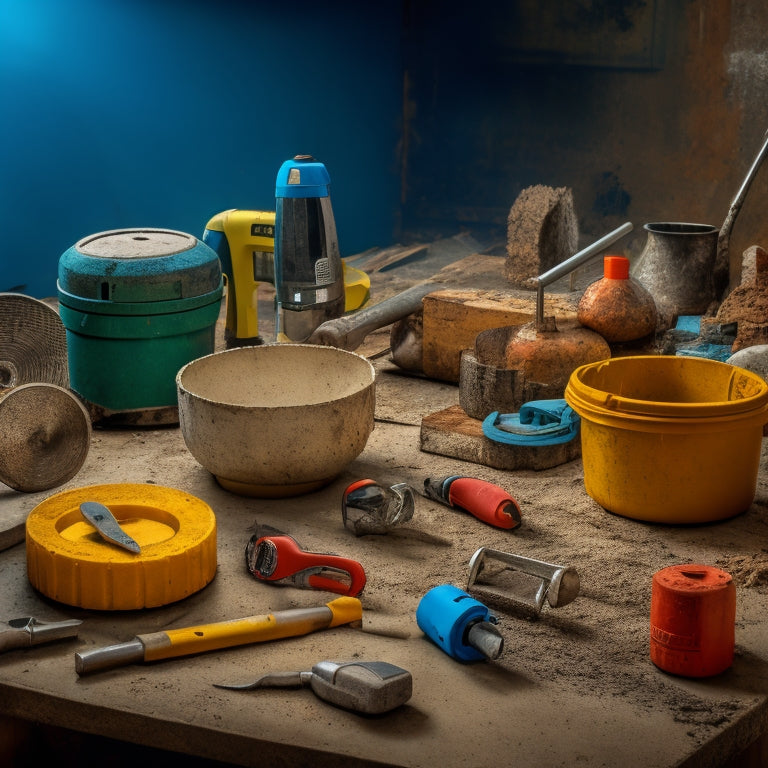 A cluttered workshop table with various concrete cutting tools: a diamond blade saw, a concrete mixer, a demolition hammer, a chisel set, and safety goggles scattered around a partially cut concrete slab.