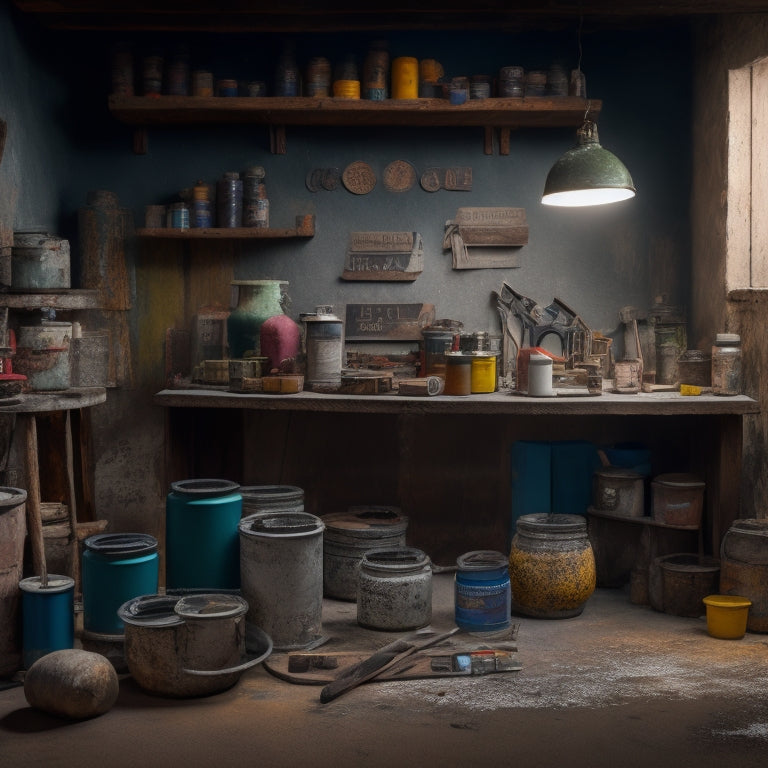 A cluttered workshop backdrop with 10 distinct concrete paint application tools, each with a subtle glow, arranged in a semi-circle, with a few paint cans and brushes scattered around.