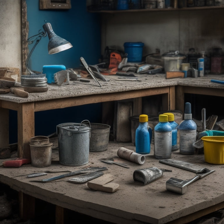 A cluttered workbench with various concrete repair tools scattered around, including a caulk gun, putty knife, trowel, and bucket of quick-set concrete mix, with a partially repaired concrete crack in the background.