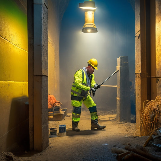 A dimly lit, cramped construction site with narrow alleys and steel beams, featuring a worker in a yellow vest operating a compact, battery-powered drill and holding a small, curved trowel.