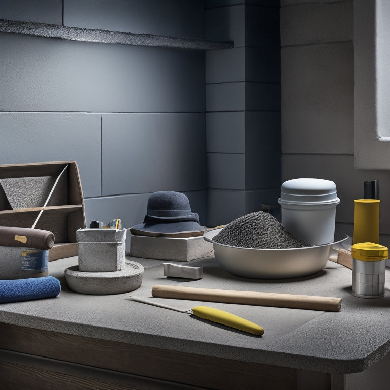 A photograph depicting a mason's workstation with concrete blocks, a spirit level, a trowel, a jointer, a string line, and a bucket of mortar mix, all organized and ready for use.