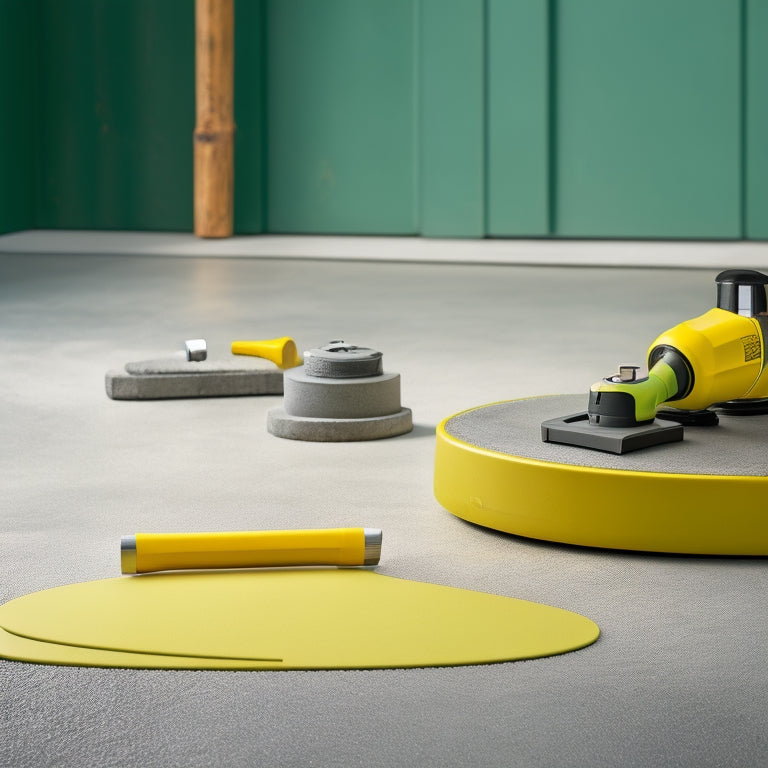 A well-organized workshop with a sleek, silver tamping tool, a sturdy, yellow concrete float, and a precise, green edger, arranged neatly on a freshly poured, smooth concrete slab.