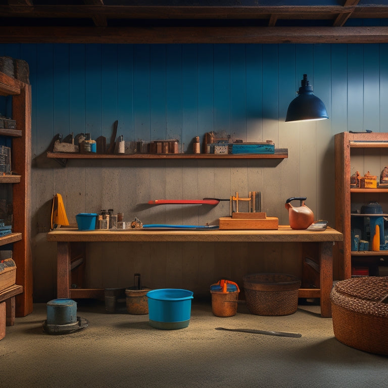 A well-lit workshop with a concrete wall in the background, featuring a trowel, edger, float, and other tools arranged neatly on a wooden workbench, with a faint grid pattern on the wall.