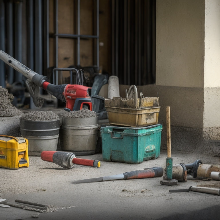 A cluttered construction site with various cordless concrete tools scattered around, including a drill, mixer, grinder, saw, and trowel, with a partially built concrete structure in the background.