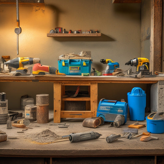 A cluttered workbench with various drills, bits, and concrete blocks in the background, with a cordless rotary hammer drill prominently displayed in the foreground, surrounded by scattered concrete dust and debris.