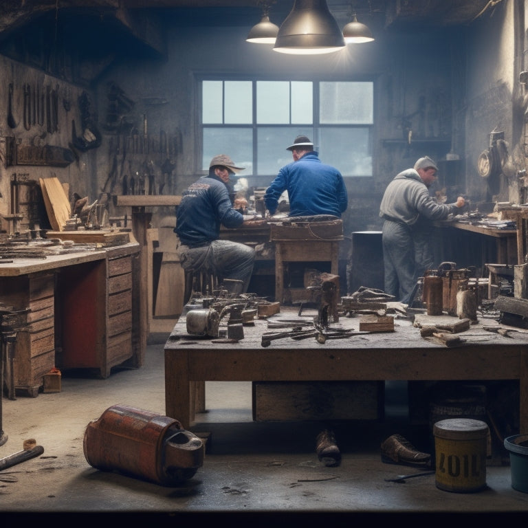 A busy workshop scene with a wooden workbench cluttered with various concrete engraving tools, including a rotary hammer, engraving bits, and a dust mask, surrounded by half-finished concrete projects.