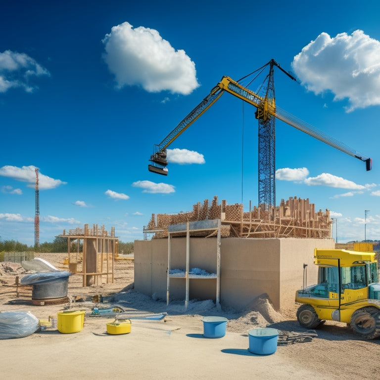 A cluttered construction site with a half-built concrete block structure, surrounded by essential tools: a mixer, trowels, spirit levels, and a scaffold, set against a bright blue sky with a few wispy clouds.