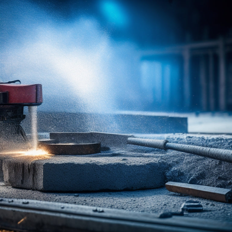 A dramatic, close-up image of a gas-powered splitting tool in action, splitting a thick concrete slab, with sparks flying and concrete fragments scattered around, surrounded by a rugged, industrial background.