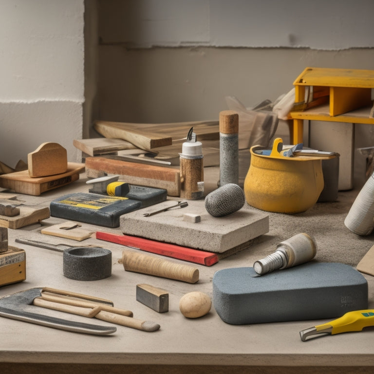 A cluttered construction site with scattered concrete blocks, amidst which a set of organized tools lies on a wooden board, including a spirit level, trowel, jointer, and string line, with a subtle background of a partially built structure.