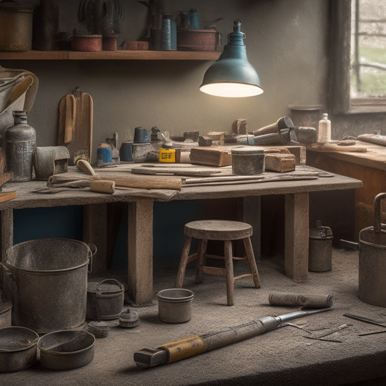 A cluttered workbench with various tools and materials scattered around, including a caulk gun, concrete patching compound, chisel, hammer, and a cracked concrete surface with a small pail of mixed concrete beside it.