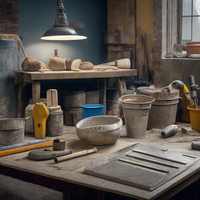 A crowded workshop table with various concrete repair tools: a variety of trowels, a mixing bucket, a drill with a mixing paddle, a level, a putty knife, and a stack of concrete bags in the background.