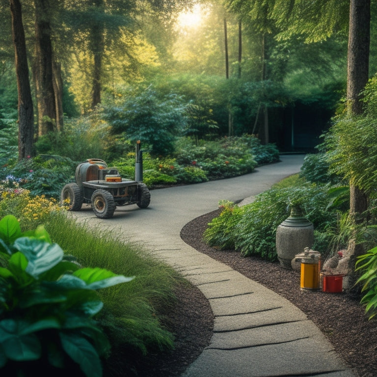 A photograph of a neatly edged concrete pathway, with a few edger tools scattered around, including a gas-powered edger, a manual edger, and a concrete saw, amidst a backdrop of lush greenery.