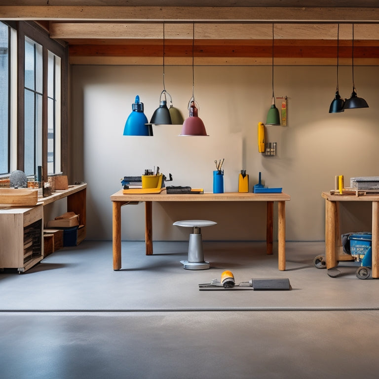 A well-organized workspace with a variety of concrete floor finishing tools, including a walk-behind grinder, edger, and trowel, arranged on a clean concrete floor with a subtle gradient effect.