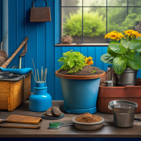 A cluttered workbench with a concrete planter box in the background, surrounded by essential tools: a trowel, level, safety goggles, mixing bucket, and a power drill with a mixing paddle attachment.