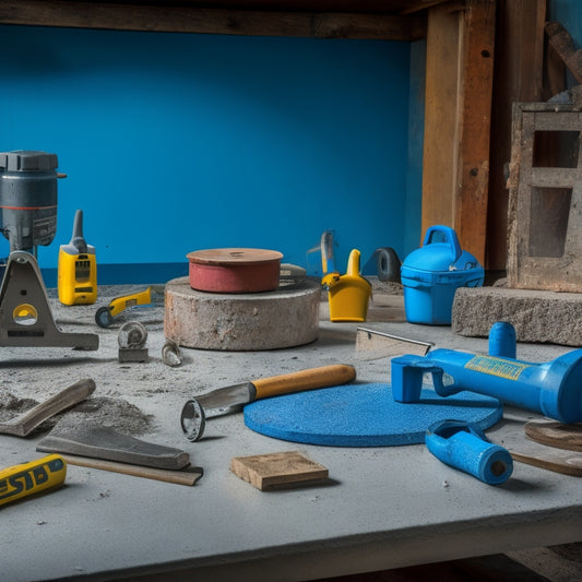 A cluttered workshop table with various concrete cutting tools: a diamond blade saw, a concrete mixer, a demolition hammer, a chisel set, and safety goggles scattered around a partially cut concrete slab.