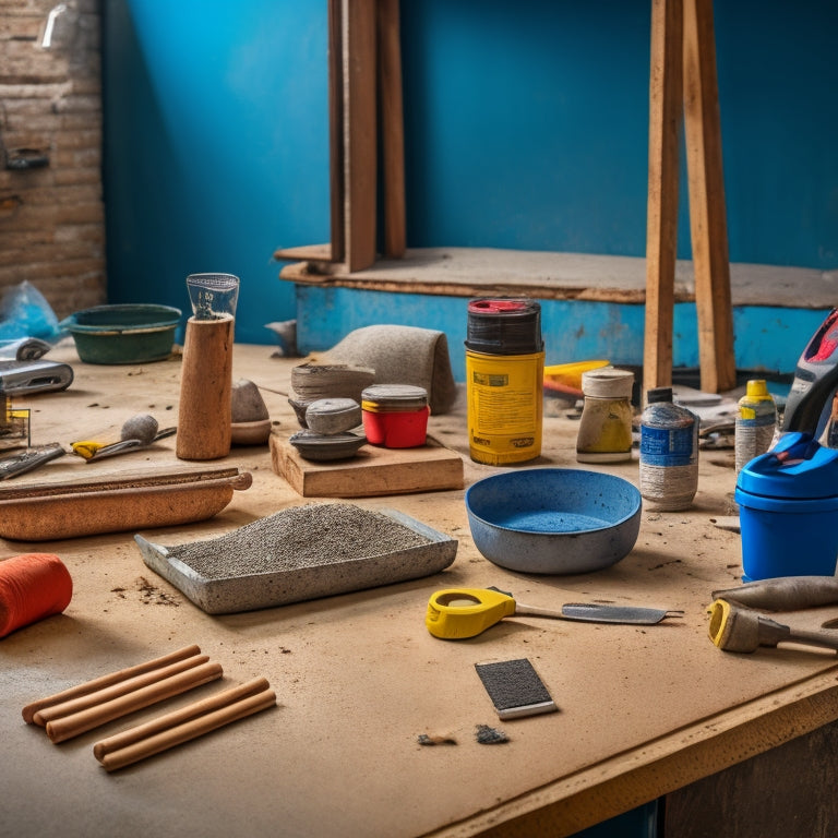 A cluttered workshop table with a partially completed DIY concrete countertop, surrounded by scattered tools like a mixing bucket, trowel, and orbital sander, with a blurred background of concrete mix bags.