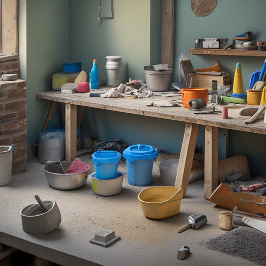 A cluttered but organized workspace with a mixing bucket, trowel, level, joint spacers, and concrete blocks in the background, surrounded by scattered mortar and a few scattered tools.