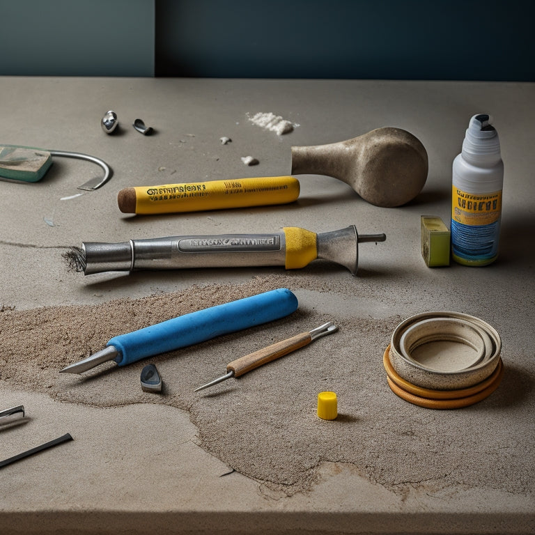 An image of a worn, cracked concrete surface with various budget-friendly repair tools scattered around, including a caulk gun, wire brush, and patching compound, set against a clean, gray background.