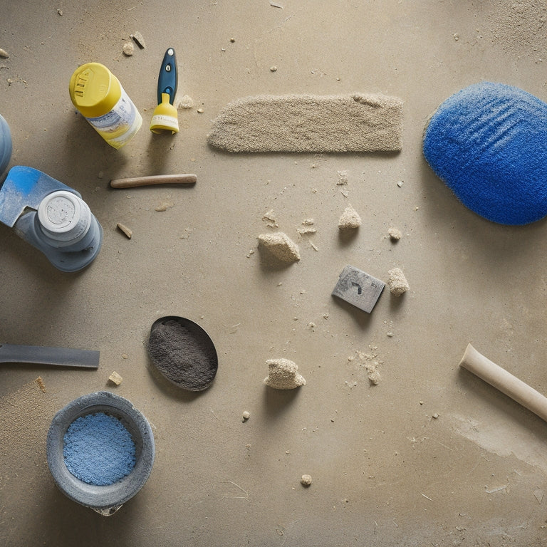 An overhead view of a worn, cracked concrete surface with various filler tools and materials scattered around, including a putty knife, trowel, and caulk gun, amidst dust and debris.