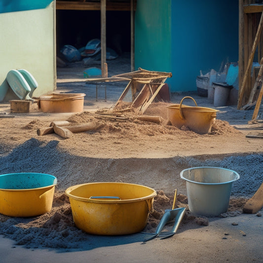 A cluttered construction site with a mixing bucket, trowels, and shovels scattered around a pile of concrete, with a few tools partially buried or stuck in the mixture, surrounded by footprints and puddles.