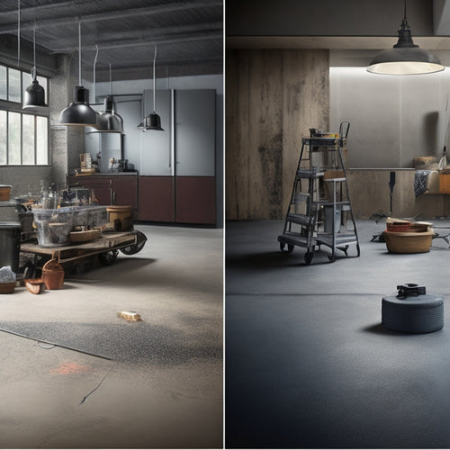 An image of a worn, grey concrete floor with cracks and stains, next to a revitalized version with a rich, dark stain and a glossy finish, surrounded by various tools and equipment.