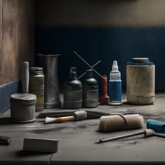 A gritty, close-up image of a concrete block surface, with various tools scattered around, including a stiff-bristled brush, a wire scrub brush, a pressure washer, and a bottle of concrete cleaner.