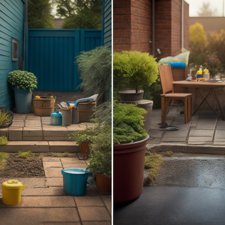 A messy concrete block patio with dirt, grime, and moss growth, surrounded by scattered cleaning supplies like a broom, bucket, mop, and scrub brush, with a few blocks already cleaned to showcase a before-and-after comparison.