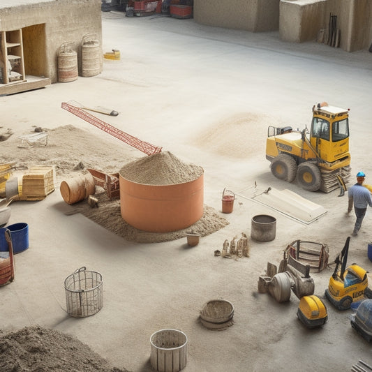 A cluttered but organized construction site with a premixed concrete mixer in the center, surrounded by various tools like trowels, levels, and buckets, with a partially poured concrete slab in the background.