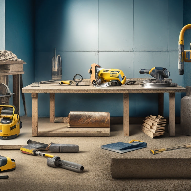 An illustration of a contractor's workstation with various concrete cutting tools laid out, including a circular saw, diamond blade, concrete grinder, and demolition hammer, amidst a backdrop of cut concrete slabs and dust.