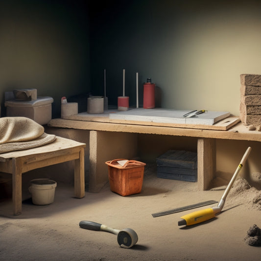 A photograph of a mason's workstation, featuring a level, trowel, jointer, and spirit level, surrounded by concrete blocks, sand, and a partially built wall with neat, even courses.