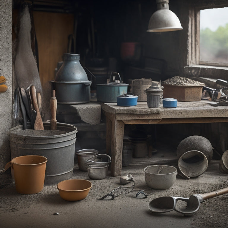 A cluttered workbench with a concrete mixer, trowel, level, and bucket in the foreground, surrounded by scattered tools, safety goggles, and a partially built concrete planter in the background.