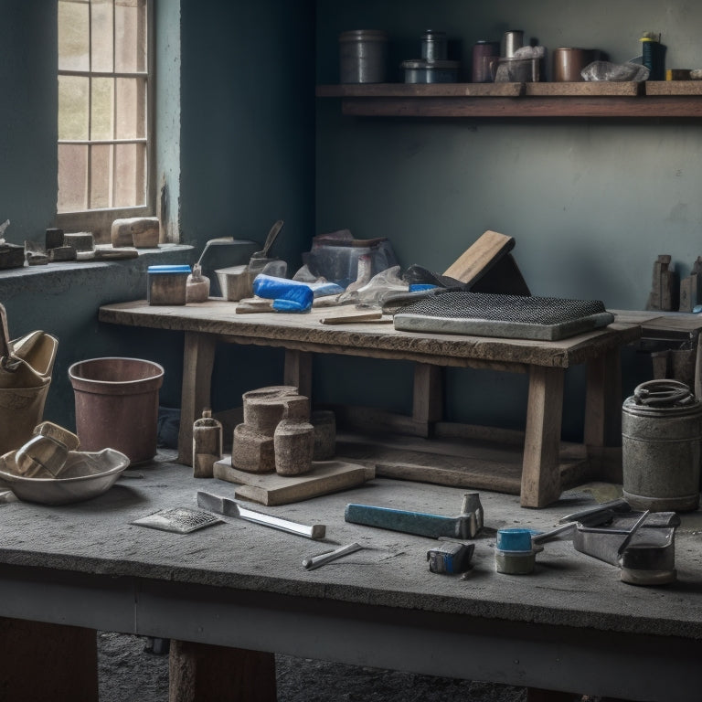 A cluttered workbench with a concrete block wall in the background, featuring a trowel, level, hammer, chisel, jointer, and various sizes of concrete blocks and bags of mortar mix.