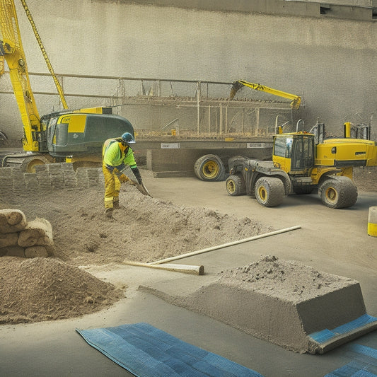 A construction site with a excavated trench, a cement mixer, a spirit level, a tamping tool, and a worker in a hard hat and gloves, surrounded by concrete blocks and steel rebar.