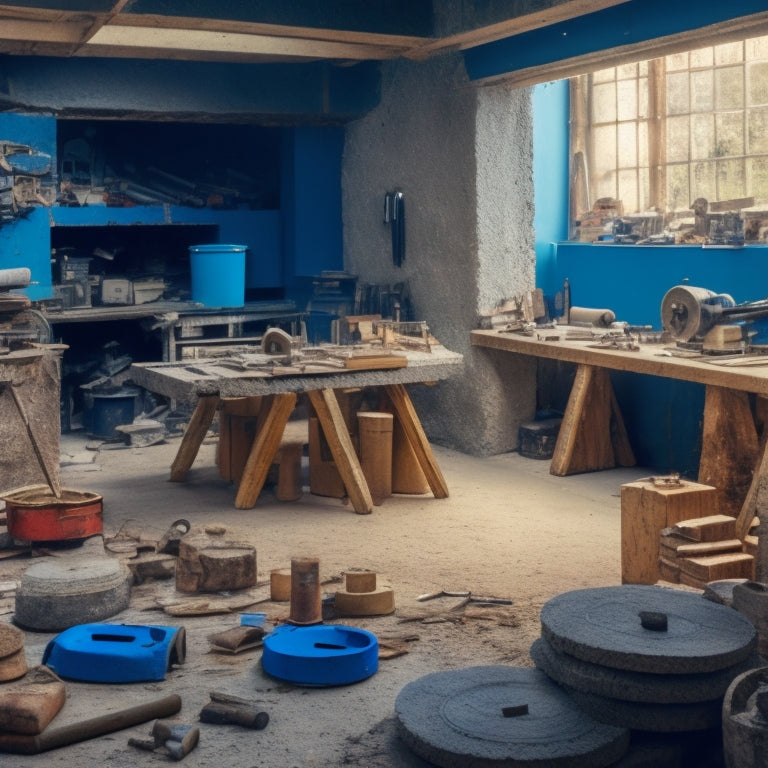 A cluttered workshop with various concrete blocks in the foreground, surrounded by cutting and shaping tools like circular saws, diamond blades, and trowels, with a partially cut block in the center.