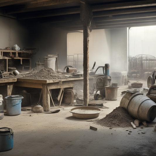 A messy construction site with a partially ground concrete floor, surrounded by various tools and equipment, including a walk-behind grinder, handheld grinder, and dust collector, amidst scattered dust and debris.