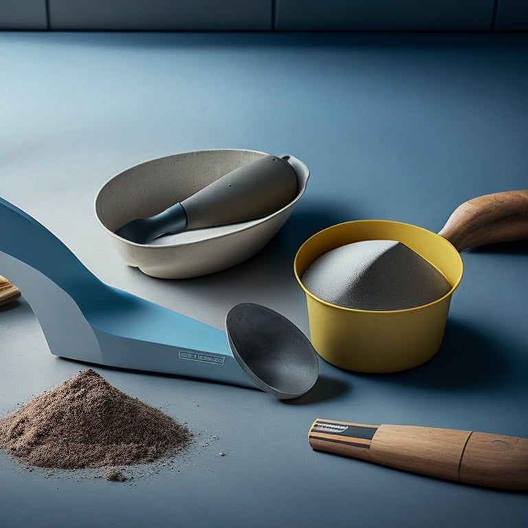 A close-up view of ergonomic concrete tools designed for tight spaces, featuring a compact trowel, curved float, and angled mixer, all resting on a textured concrete surface with shadows highlighting their sleek designs.