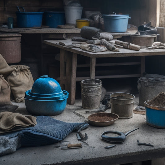 A cluttered workshop table with concrete-stained gloves, scattered tools, and a half-finished planter, surrounded by bags of cement, aggregate, and a bucket of mixing water.