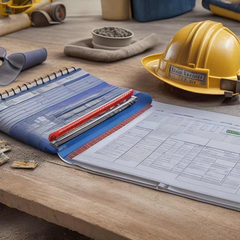 A calendar or planner with a trowel, level, and mixer crossing over different dates, surrounded by construction hats, blueprints, and a subtle background of a construction site.