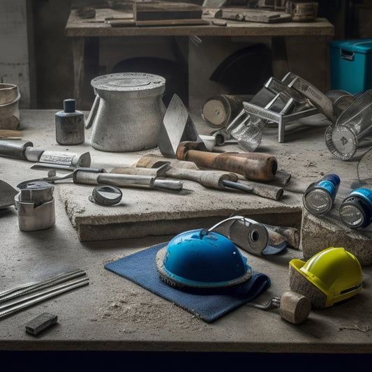 A cluttered workshop table with various concrete cutting tools: a diamond blade saw, a concrete mixer, a demolition hammer, a chisel set, and safety goggles scattered around a partially cut concrete slab.